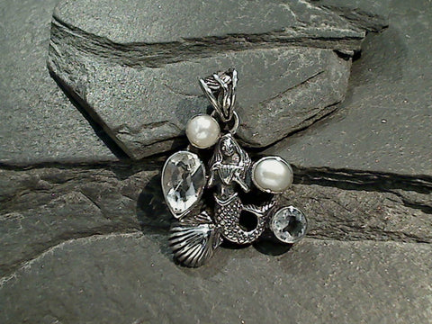 Quartz, Pearl, Sterling Silver Mermaid Pendant