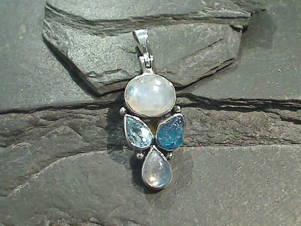 Moonstone, Blue Topaz, Neon Apatite, Sterling Silver Pendant