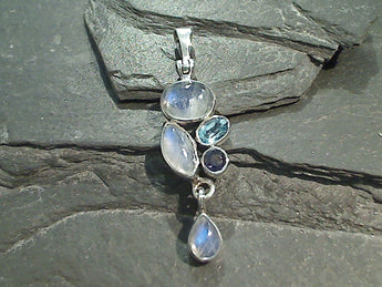 Moonstone, Blue Topaz, Iolite, Sterling Silver Pendant