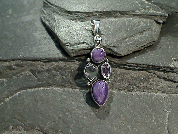 Charoite, Herkimer Diamond, Amethyst, Sterling Silver Pendant
