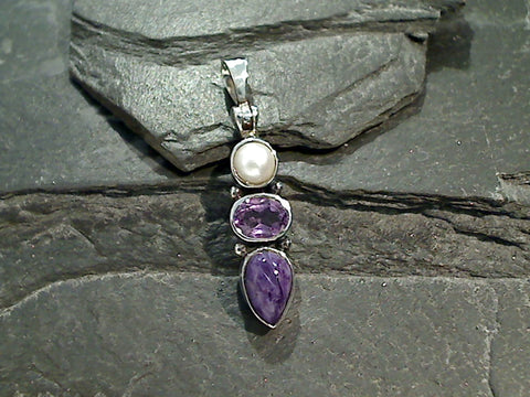Charoite, Pearl, Amethyst, Sterling Silver Pendant