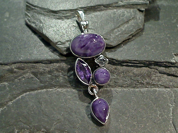 Charoite, Herkimer Diamond, Amethyst, Sterling Silver Pendant