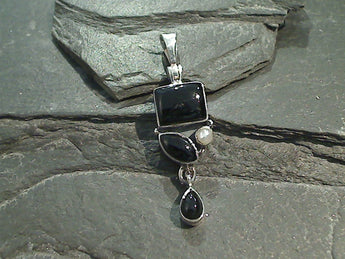 Black Onyx, Pearl, Sterling Silver Pendant
