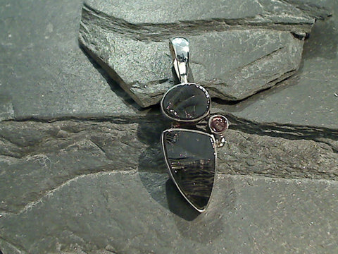 Shungite, Pink Tourmaline, Sterling Silver Pendant