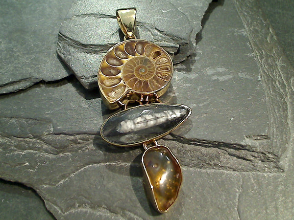 Fossil Ammonite, Orthoceras, Amber, Alchemia Extra Large Pendant
