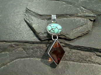 Amber, Turquoise, Sterling Silver Pendant