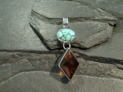 Amber, Turquoise, Sterling Silver Pendant