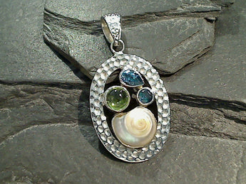 Blue Topaz, Peridot, Blue-Green Quartz, Shell, Sterling Silver Pendant