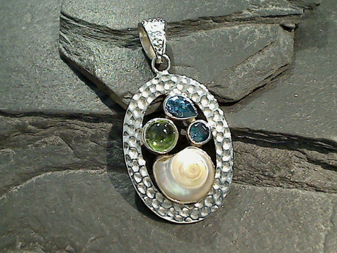 Blue Topaz, Peridot, Blue-Green Quartz, Shell, Sterling Silver Pendant