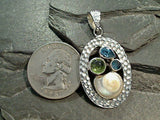Blue Topaz, Peridot, Blue-Green Quartz, Shell, Sterling Silver Pendant
