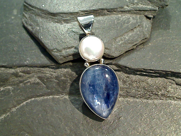 Kyanite, Pearl, Sterling Pendant