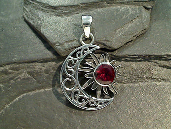 Garnet, Sterling Silver Sun And Moon Pendant