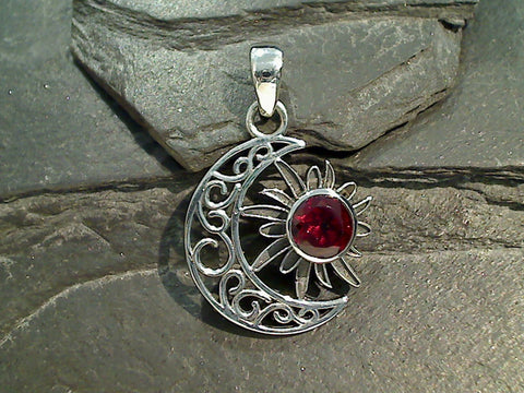 Garnet, Sterling Silver Sun And Moon Pendant