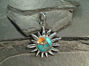 Spiny Oyster, Turquoise, Sterling Silver Sun Pendant