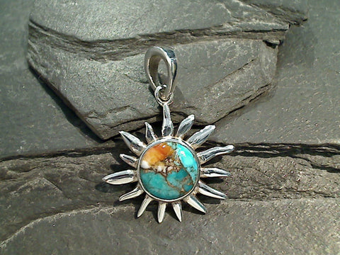 Spiny Oyster, Turquoise, Sterling Silver Sun Pendant