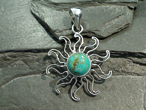 Turquoise Sun Pendant, Fine Sterling Silver