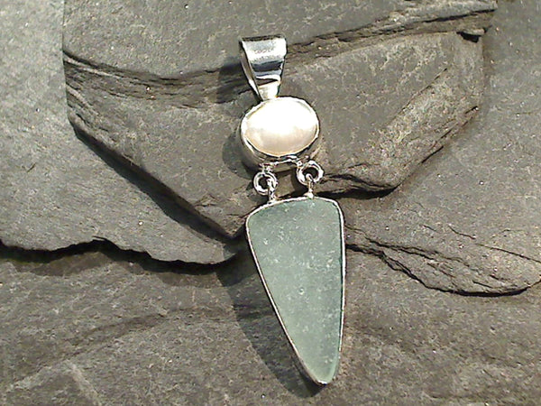 Sea Glass, Pearl, Sterling Silver Pendant