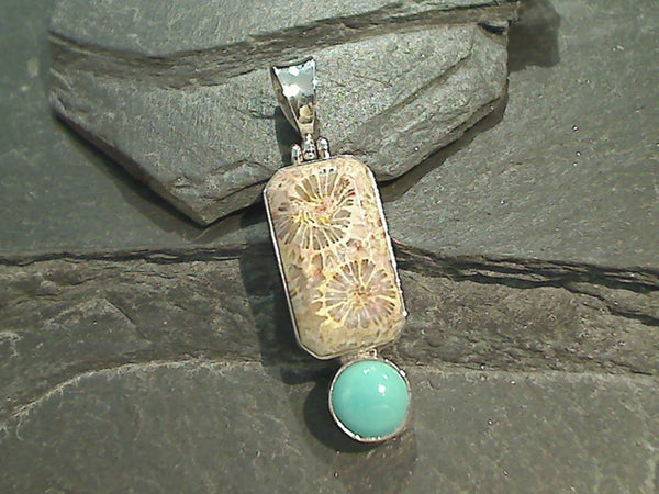 Fossil Coral, Turquoise, Sterling Silver Pendant