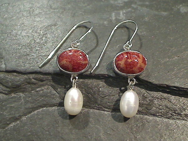 Sponge Coral, Pearl, Sterling Silver Earrings