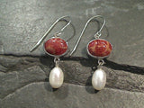 Sponge Coral, Pearl, Sterling Silver Earrings