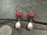 Sponge Coral, Pearl, Sterling Silver Earrings