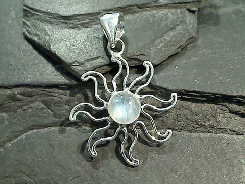 Moonstone Sun Pendant, Fine Sterling, 9mm Stone