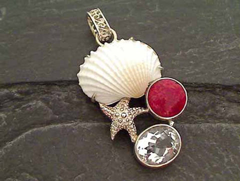 Topaz, Coral, Shell, Sterling Silver Pendant