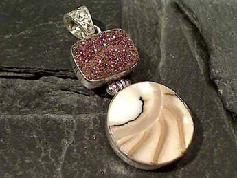 Druzy Quartz, Shell, Sterling Silver Pendant