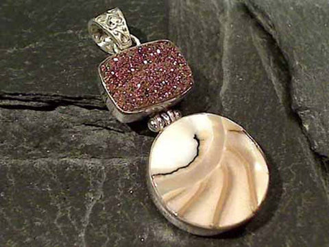 Druzy Quartz, Shell, Sterling Silver Pendant