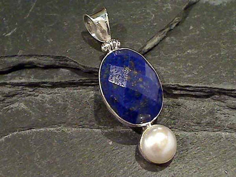 Lapis Lazuli, Pearl, Sterling Silver Pendant