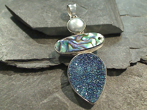Druzy Quartz, Abalone, Pearl, Sterling Silver Pendant