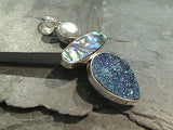 Druzy Quartz, Abalone, Pearl, Sterling Silver Pendant