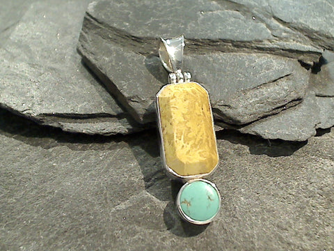 Fossil Coral, Turquoise, Sterling Silver Pendant