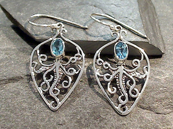 Blue Topaz, Sterling Silver Octopus Earrings