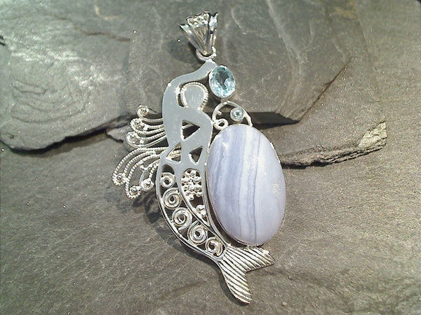 Blue Lace Agate, Blue Topaz, Sterling Silver Large Mermaid Pendant