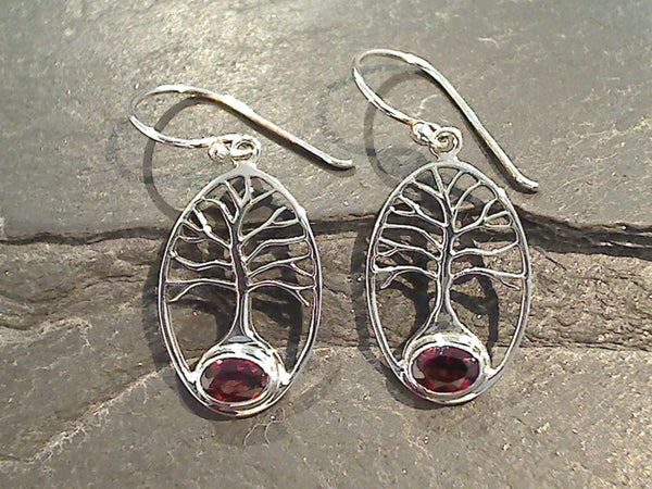 Garnet, Sterling Silver Tree Of Life Earrings