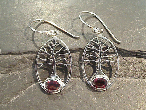 Garnet, Sterling Silver Tree Of Life Earrings