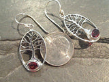 Garnet, Sterling Silver Tree Of Life Earrings