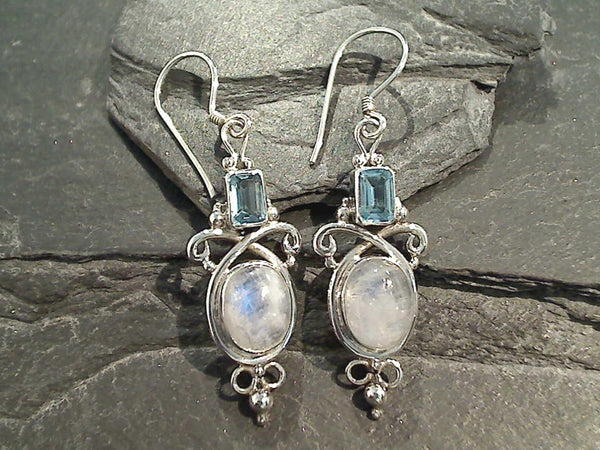 Moonstone, Blue Topaz, Sterling Silver Earrings