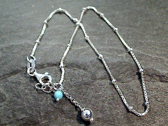 9.5" - 10" Sterling Silver Anklet With Turquoise Bead