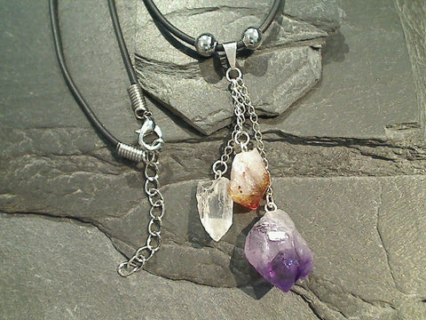 Amethyst, Citrine, Quartz Crystal Points Necklace - Silver Plated