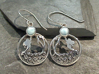 Larimar, Sterling Silver Mermaid And Dolphin Earrings