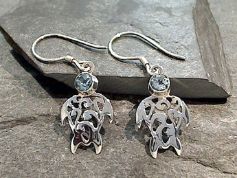 Blue Topaz, Sterling Silver Sea Turtle Earrings
