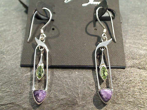 Charoite, Peridot, Sterling Silver Earrings