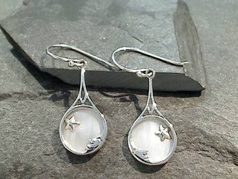 Mother Of Pearl, Sterling Silver Moon And Star Earrings