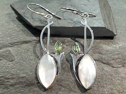 Mother Of Pearl, Peridot, Sterling Silver Earrings