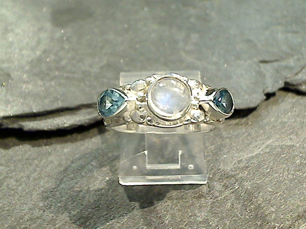 Size 7 Blue Topaz, Moonstone, Sterling Silver Ring