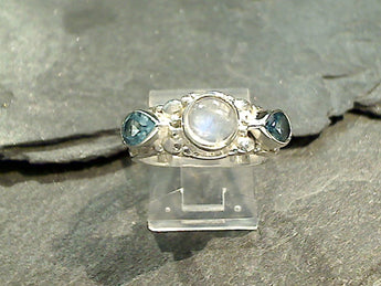 Size 6 Blue Topaz, Moonstone, Sterling Silver Ring