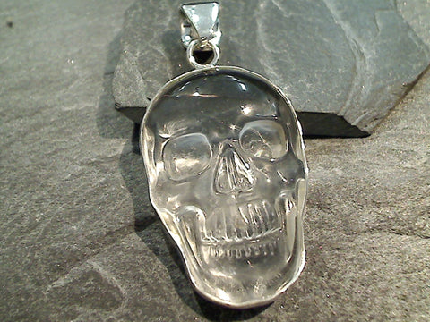 Clear Quartz, Fine Sterling Silver Skull Pendant