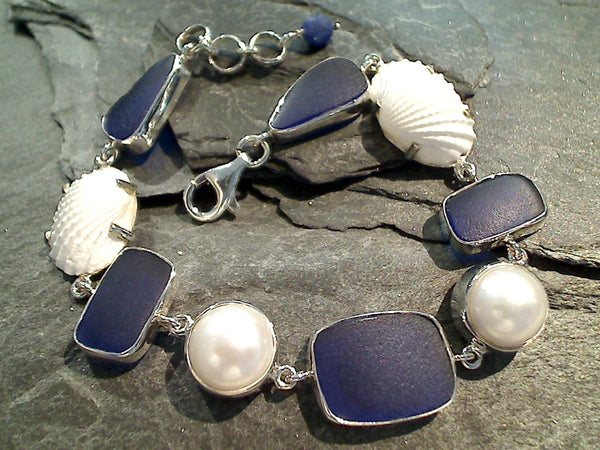 8" - 8.5" Shell, Pearl, Sea Glass, Sterling Bracelet